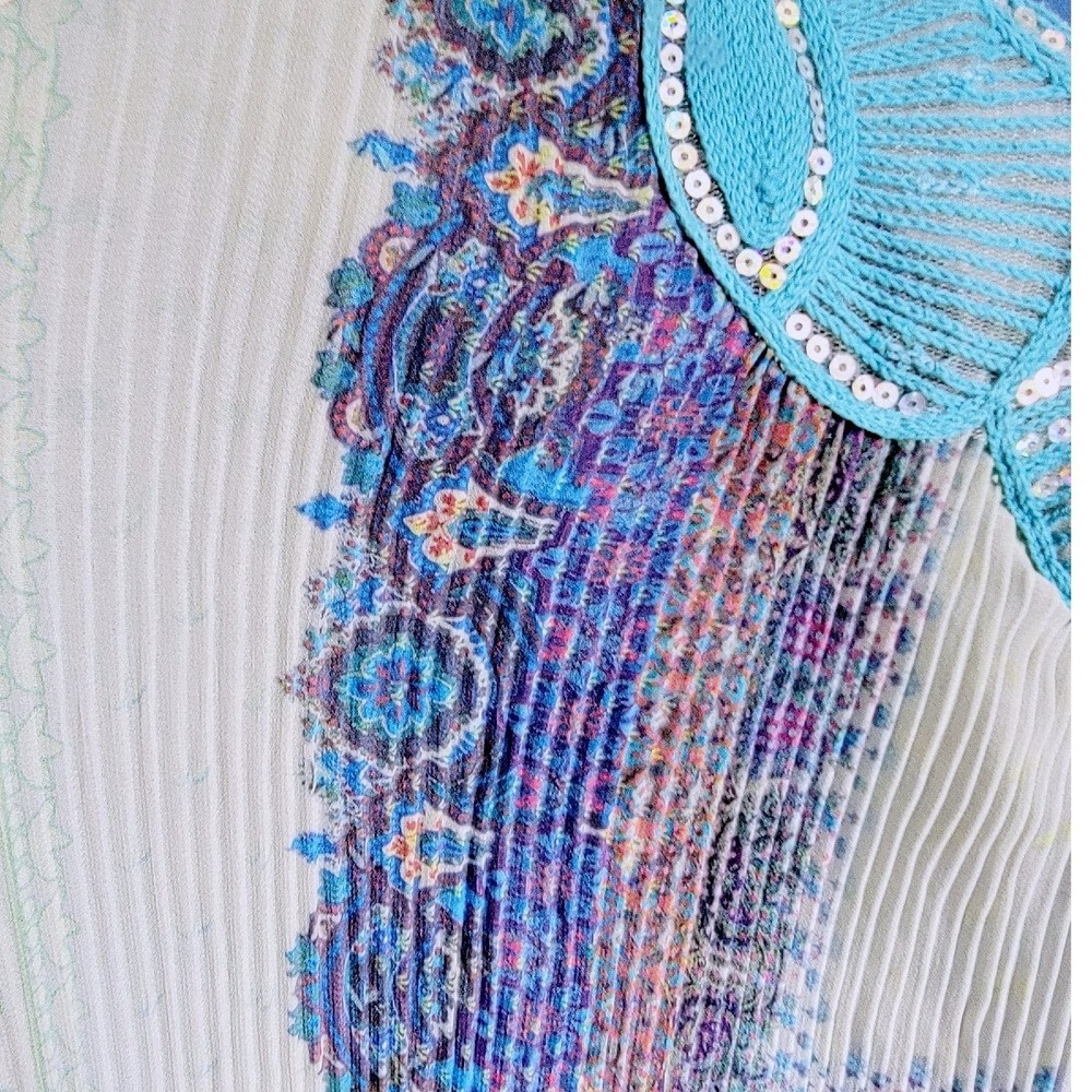 One World 2X Sleeveless Pleated Beaded Tank Top Blue Purple Boho Bling - Picture 8 of 10